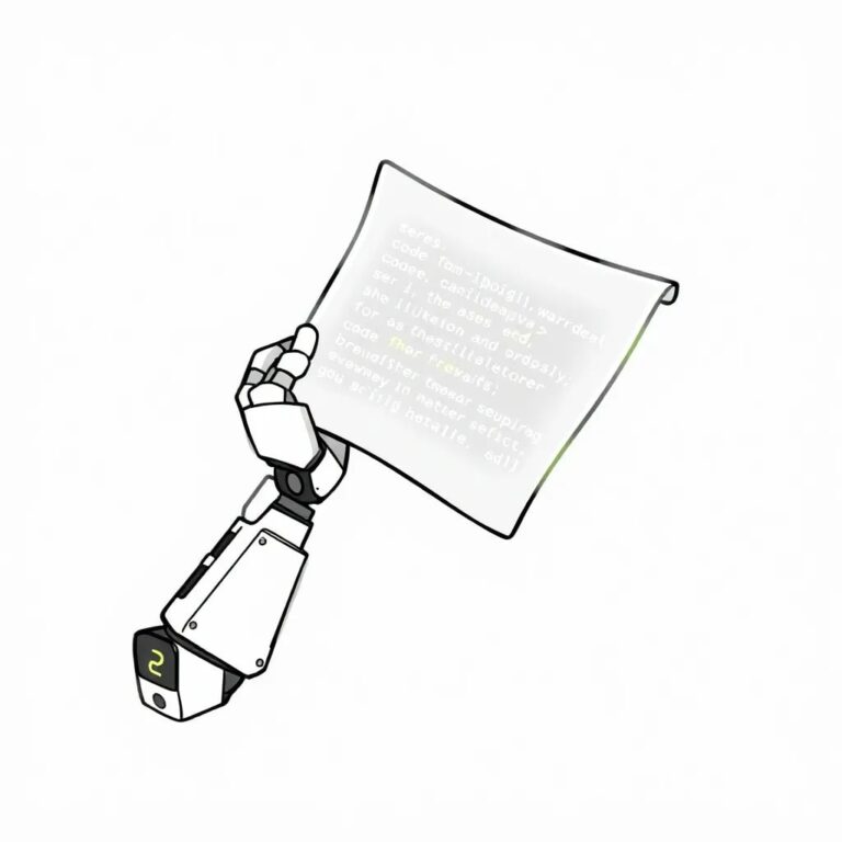 A robotic arm holding a digital scroll with a glowing, ever-changing code