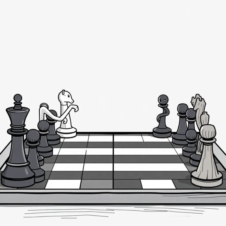 A chessboard with AI-controlled pieces playing against human-controlled pieces, where the AI pieces are made of sleek, futuristic metal and the human pieces are traditional wooden carvings.