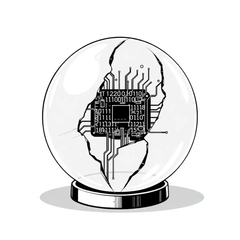 A shattered crystal globe with a digital circuit board embedded within, displaying flickering binary code.