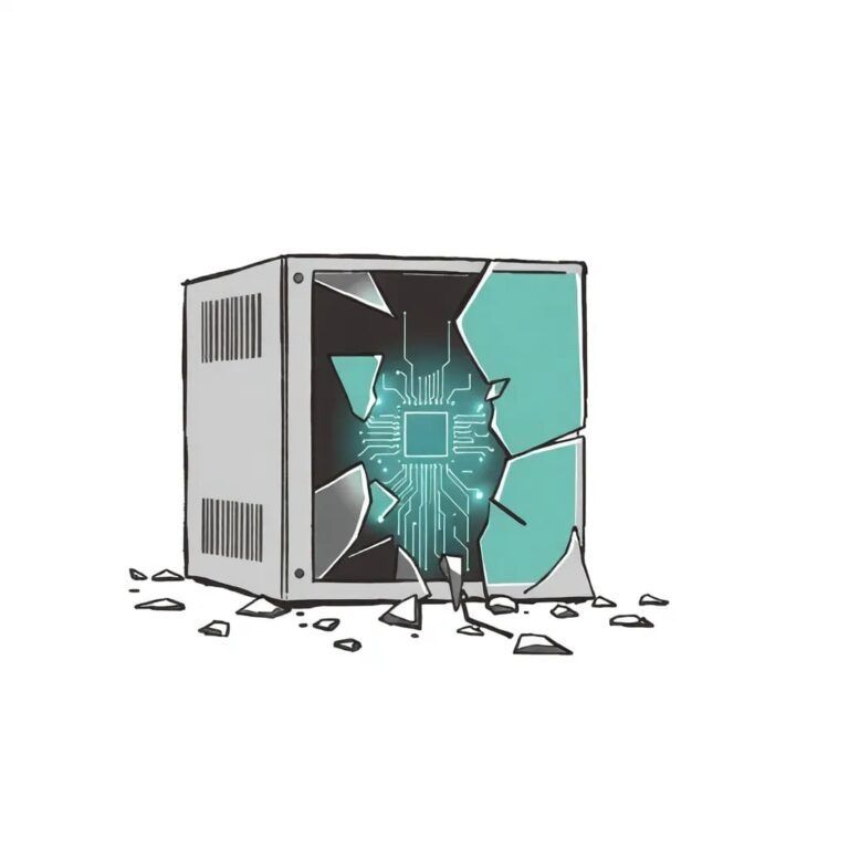 A shattered glass data server with a glowing AI circuit board emerging from the fragments