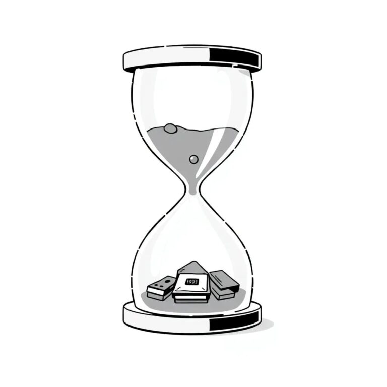 A digital hourglass filled with binary code and silicon chips