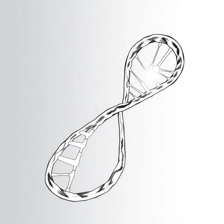 A double helix DNA strand with one side composed of digital circuits and the other of state maps, intertwined and glowing with a soft, pulsating light.