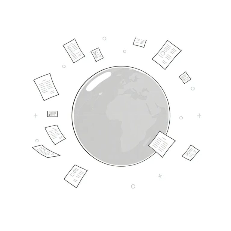 A futuristic, holographic globe with swirling algorithms and policy documents orbiting around it