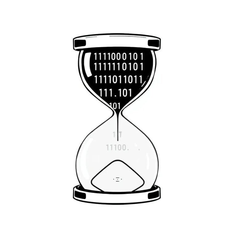A digital hourglass filled with binary code