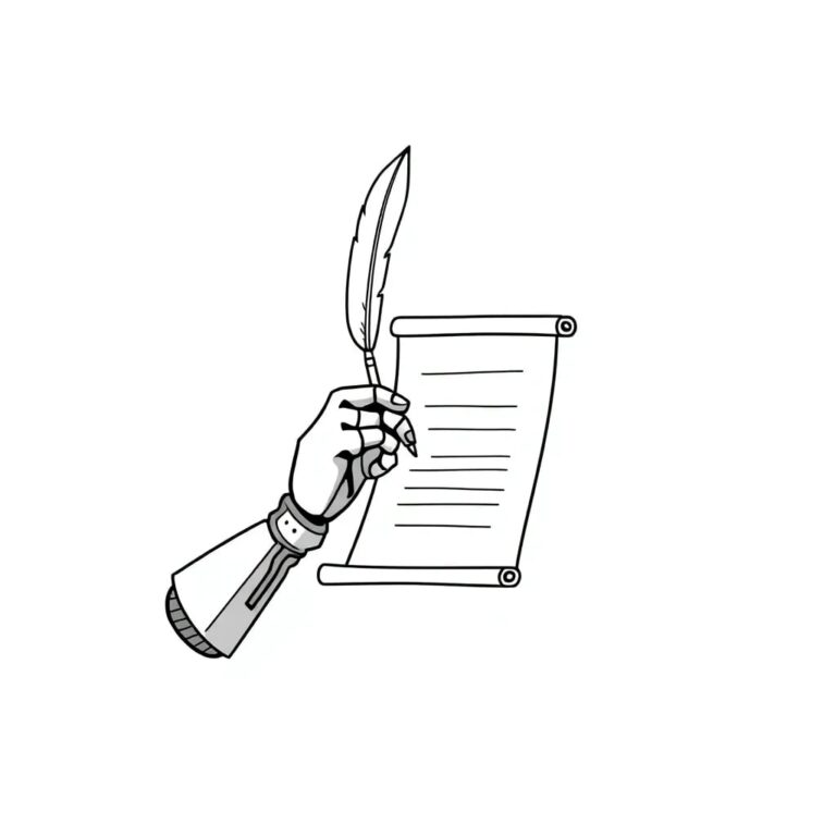 A robotic arm holding a quill pen poised over a digital scroll