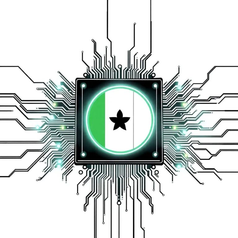 A futuristic, intricately designed digital circuit board with a Nigerian flag embedded in its center, glowing with pulsating lights that mimic the flow of data.