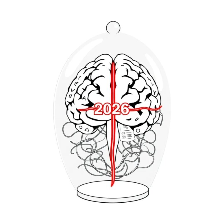 A futuristic, transparent AI brain encased in a glass dome, with a tangled web of policy documents and algorithms intertwined around it, and a single, glowing red wire labeled '2026' cutting through the center.