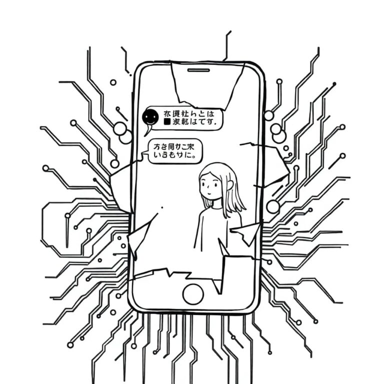 A shattered smartphone screen displaying a chatbot conversation with a teen, surrounded by a fractured digital circuit board