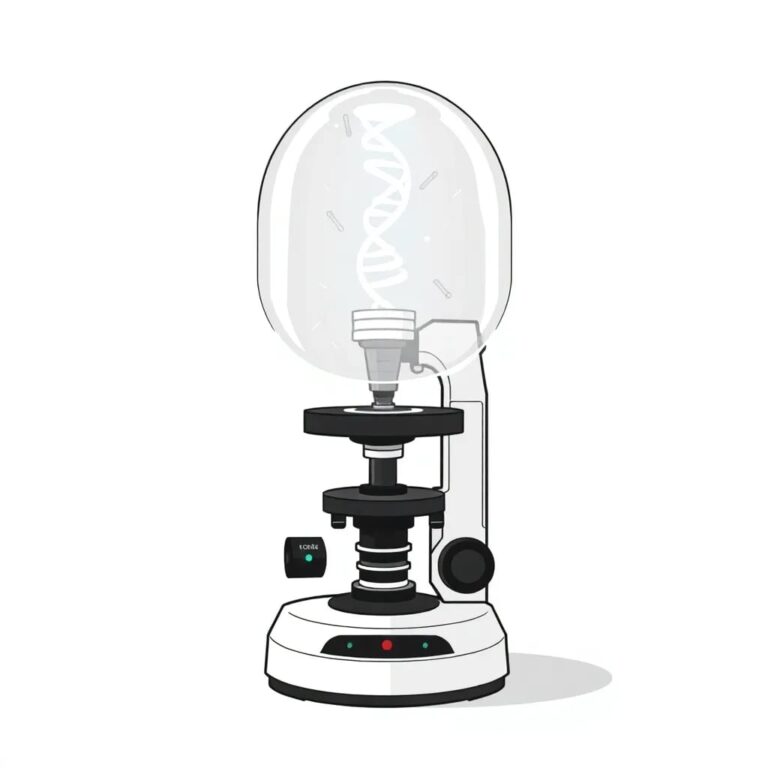 A futuristic, transparent AI-driven microscope with a DNA strand hologram floating above it, encased in a glass dome with a digital lock.