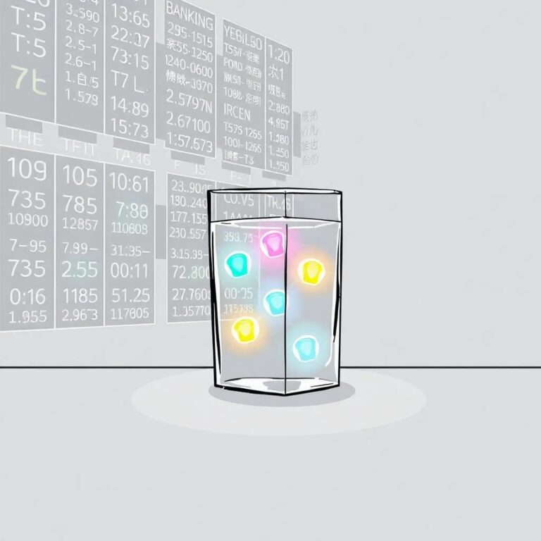 A glass prism with five embedded, glowing LED lights, each a different color, casting a spectrum of light onto a wall displaying a dynamic, ever-changing network of banking transactions.