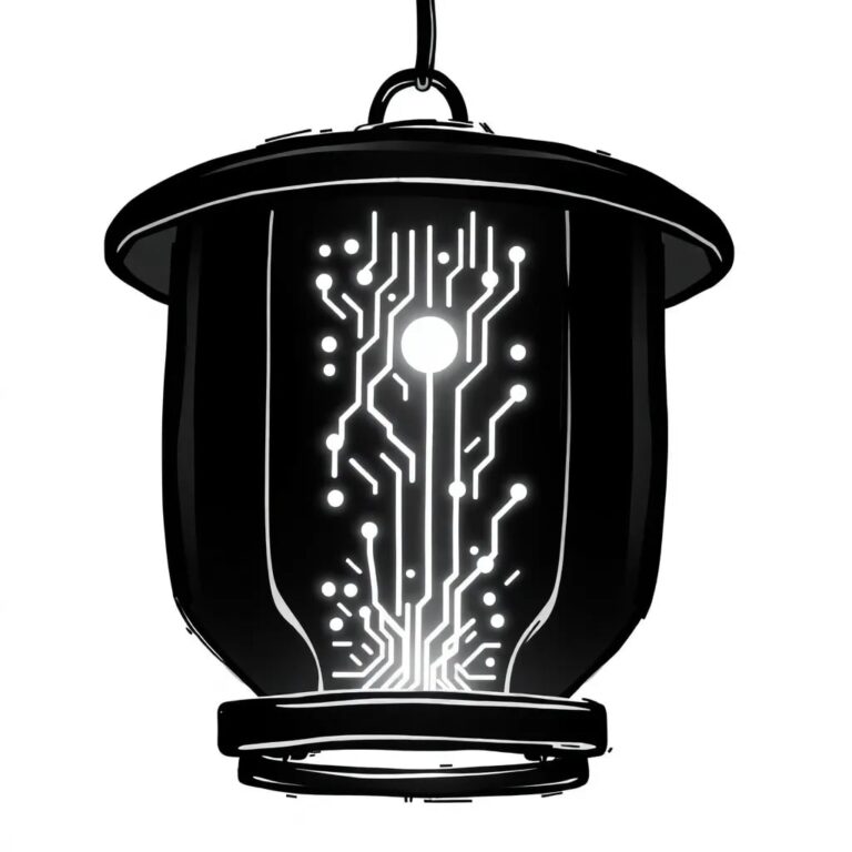 A glowing, intricately designed lantern with a digital circuit pattern etched into its surface, emitting a soft, pulsating light.