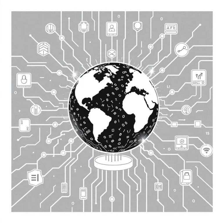 A holographic globe with interconnected digital circuits pulsating with light, surrounded by a dynamic, ever-changing matrix of binary code and cybersecurity icons.