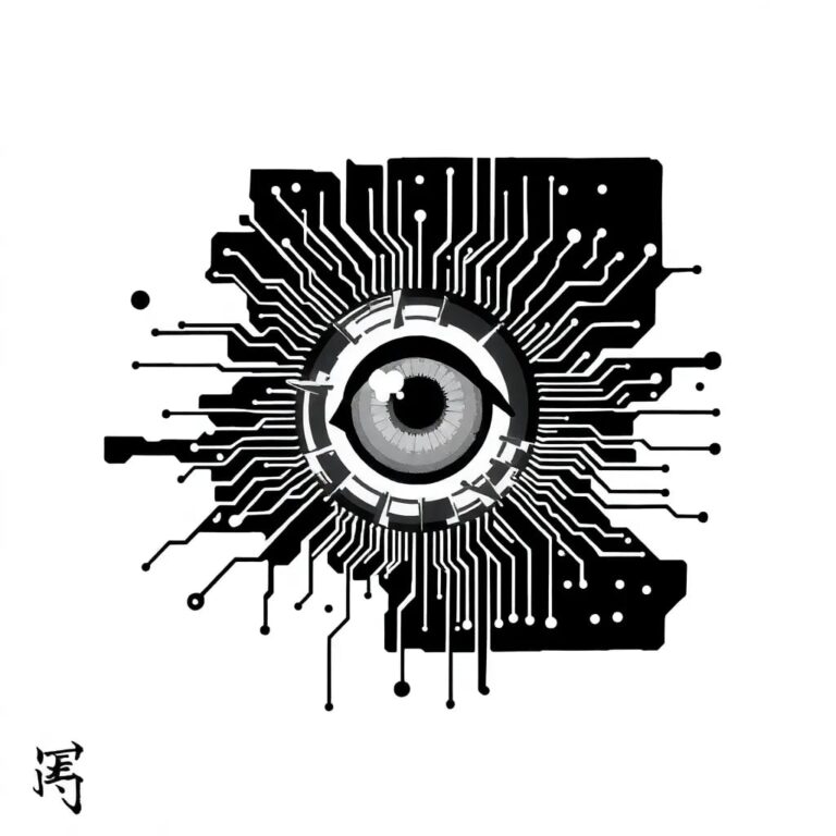 A shattered, glowing circuit board with a human eye embedded in its center