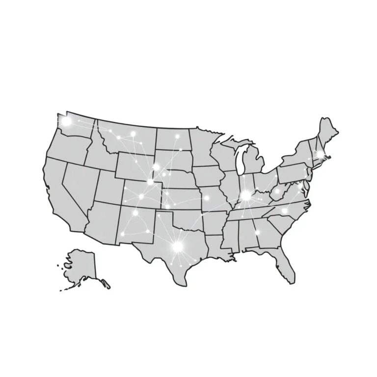 A vintage map of the United States with glowing, interconnected neural networks superimposed over each state