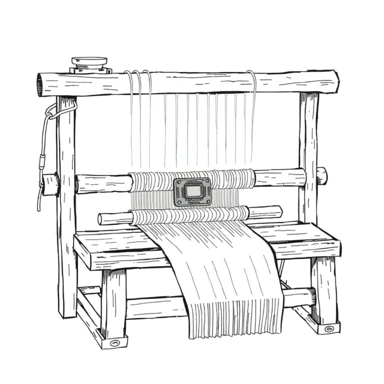 A rusted, yet intricate, vintage loom with a modern AI chip embedded in its shuttle