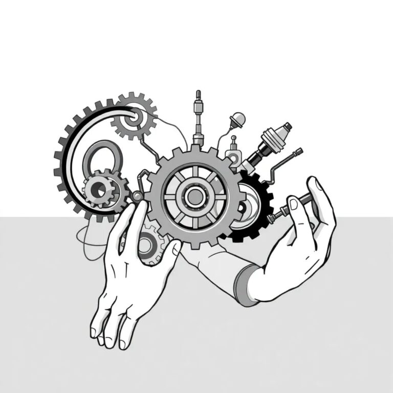 A dynamic, ever-shifting sculpture of gears and circuits that morph into human hands and tools, symbolizing the integration of AI and human labor.