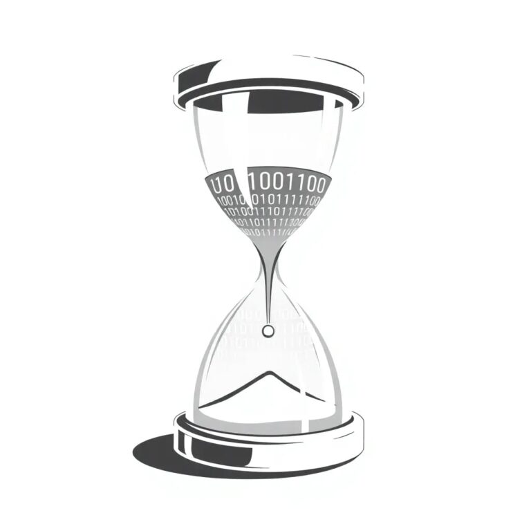 A futuristic, transparent hourglass filled with binary code instead of sand