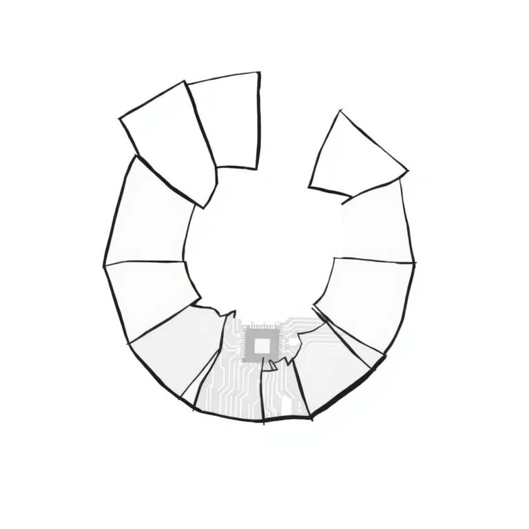 A shattered mirror reflecting a digital circuit board