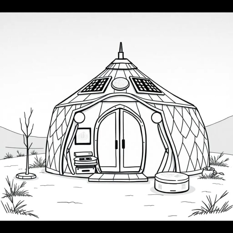 A futuristic, AI-driven nomadic yurt with holographic displays and solar panels