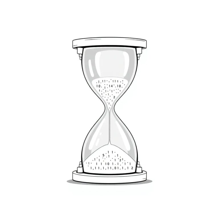 A digital hourglass with flowing binary code instead of sand