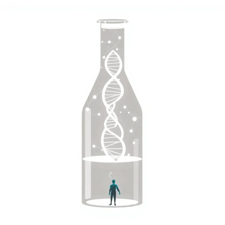 A futuristic, transparent lab flask containing a swirling, luminescent AI neural network, with a DNA helix intertwined within it, and a small, glowing patient silhouette at its base.