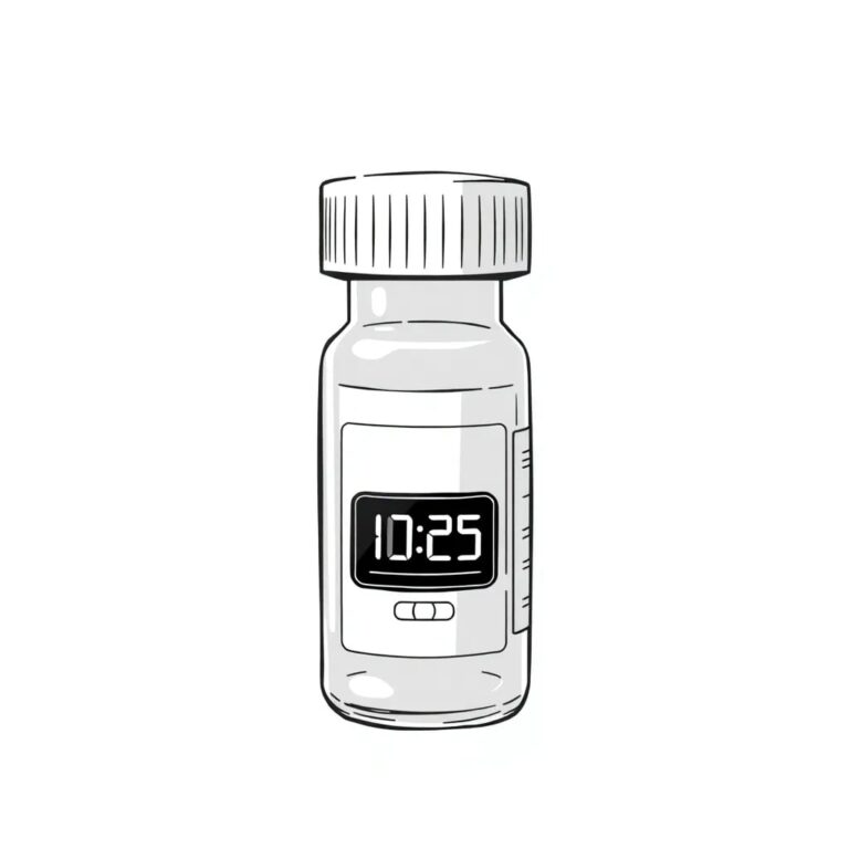 A futuristic, glowing prescription bottle with a small, integrated AI chip and a digital display showing a countdown timer for refills.