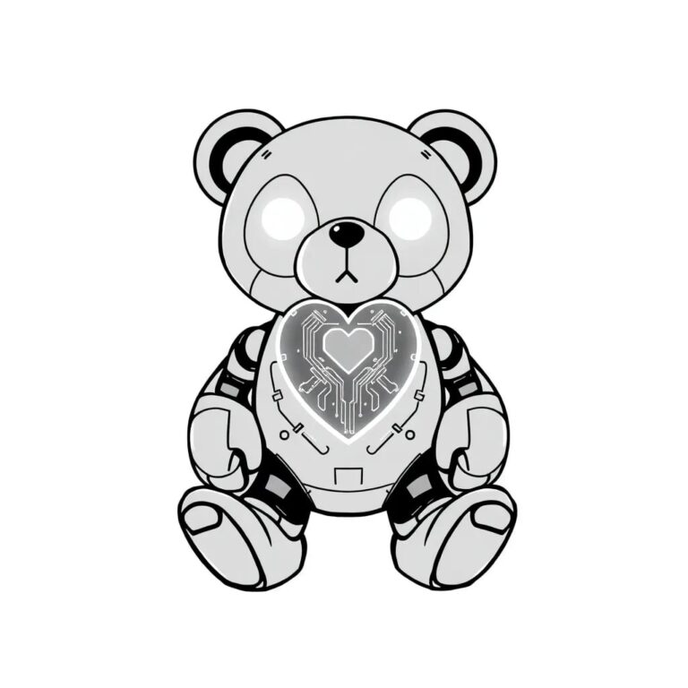A robotic teddy bear with glowing eyes and a heart-shaped circuit board on its chest