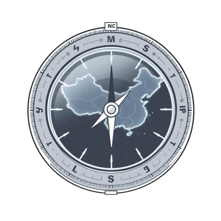 A futuristic, intricately designed compass with a digital display that shows shifting AI algorithms as its needle, pointing towards a glowing, holographic map of China.