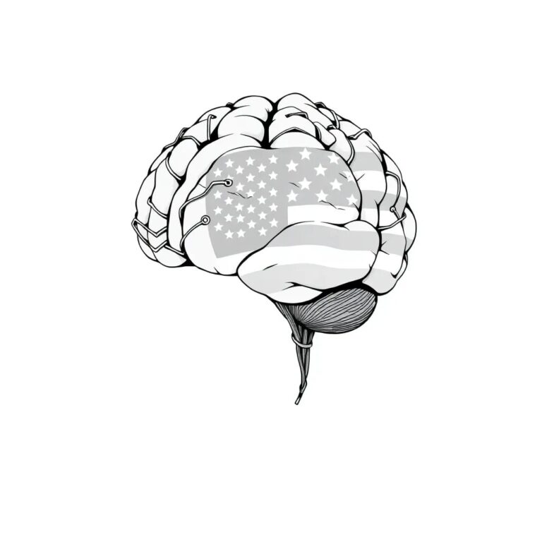 A futuristic, intricately wired brain sculpture with a glowing American flag embedded within it.