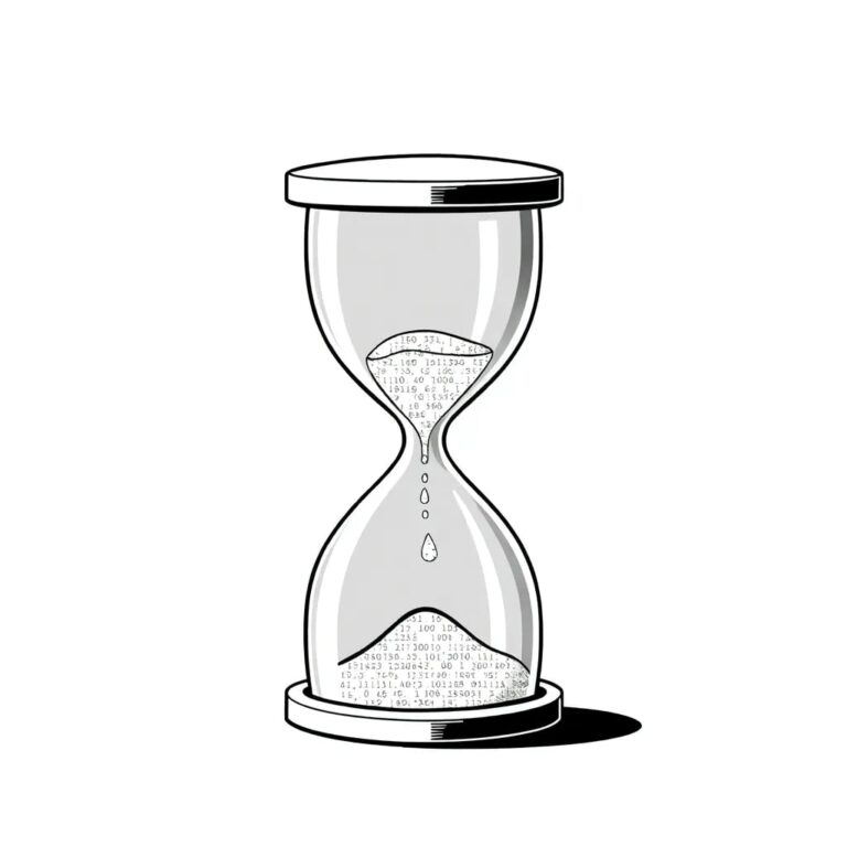 A digital hourglass with flowing binary code instead of sand