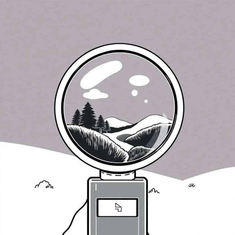 A magnifying glass with a digital display that reveals hidden environmental data when held over a landscape