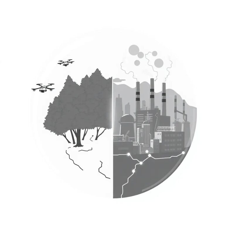 A dual-paneled digital globe, one side displaying a lush, thriving forest with AI-driven drones monitoring and maintaining it, the other side showing a smog-filled city with AI-controlled smokestacks and factories, connected by a network of glowing data cables.