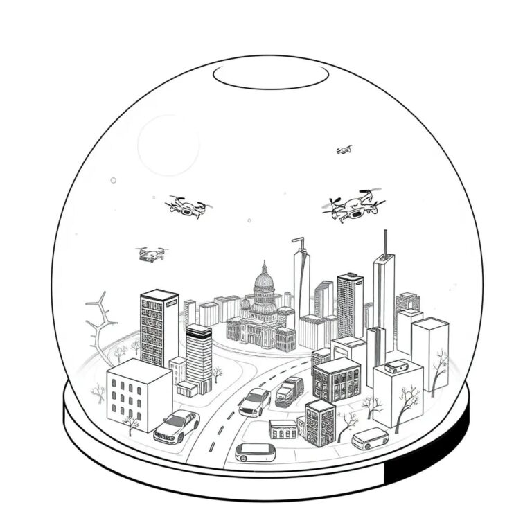 A futuristic, transparent glass dome containing a miniature, dynamic cityscape where AI-driven drones and autonomous vehicles navigate through a landscape of government buildings, all connected by glowing neural networks.