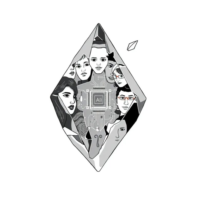 A shattered crystal prism reflecting a kaleidoscope of diverse faces, with a glowing AI circuit board embedded within