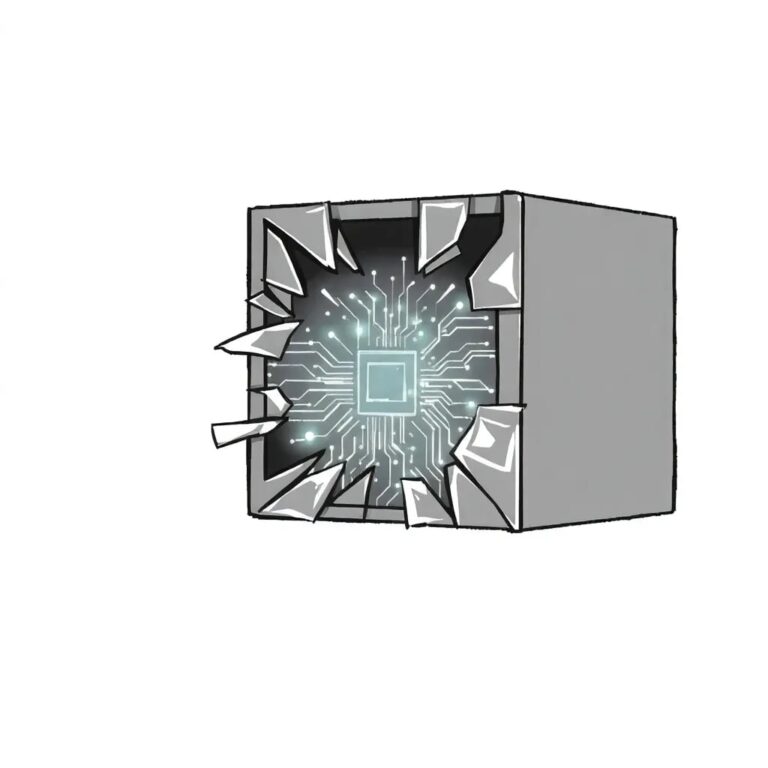 A shattered glass data server with a glowing AI circuit board emerging from the cracks