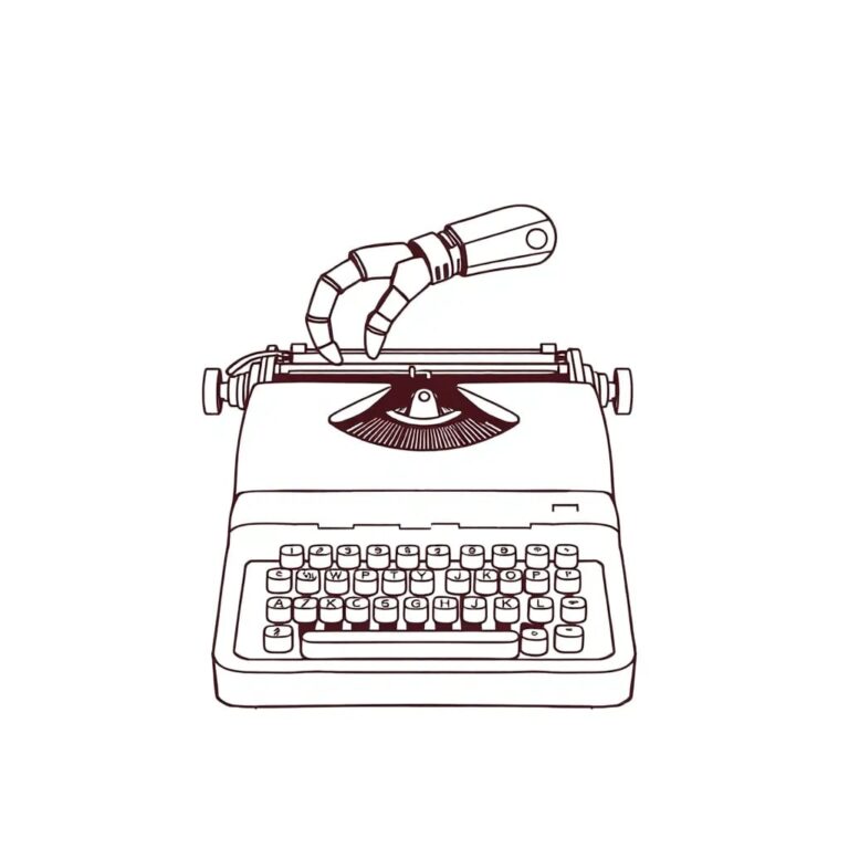 A vintage typewriter with a robotic arm poised over the keys, frozen in mid-air