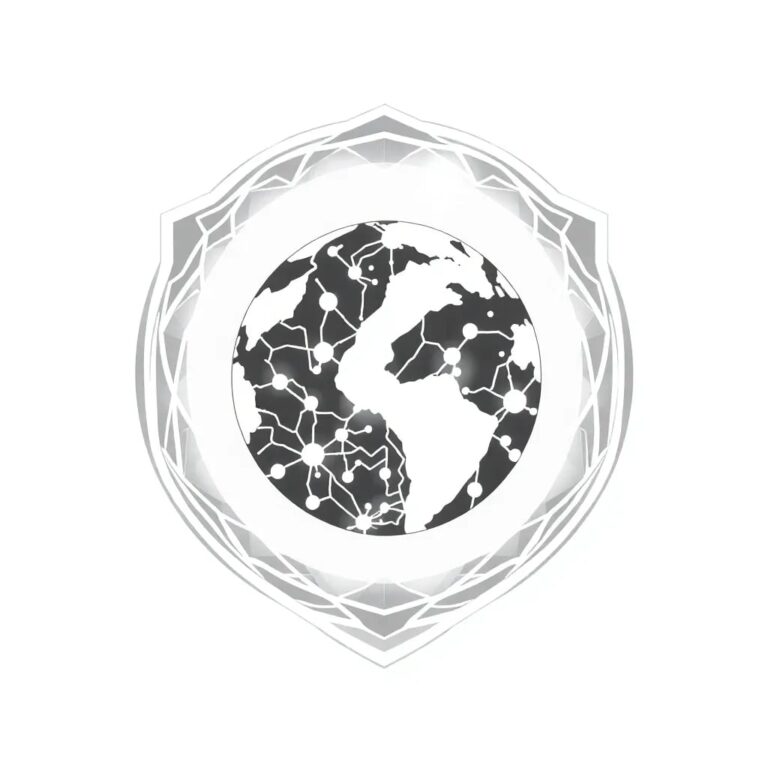 A digital globe with interconnected neural networks glowing beneath its surface, encircled by a shield of interlocking AI algorithms