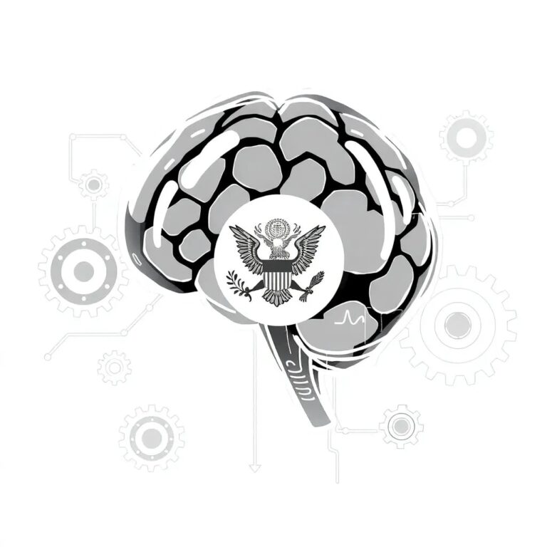A futuristic, transparent AI brain with a presidential seal embedded, connected to a network of industrial gears and cogs representing various sectors of the economy.