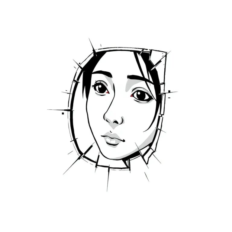 A shattered digital mirror reflecting a distorted, pixelated image of a human face