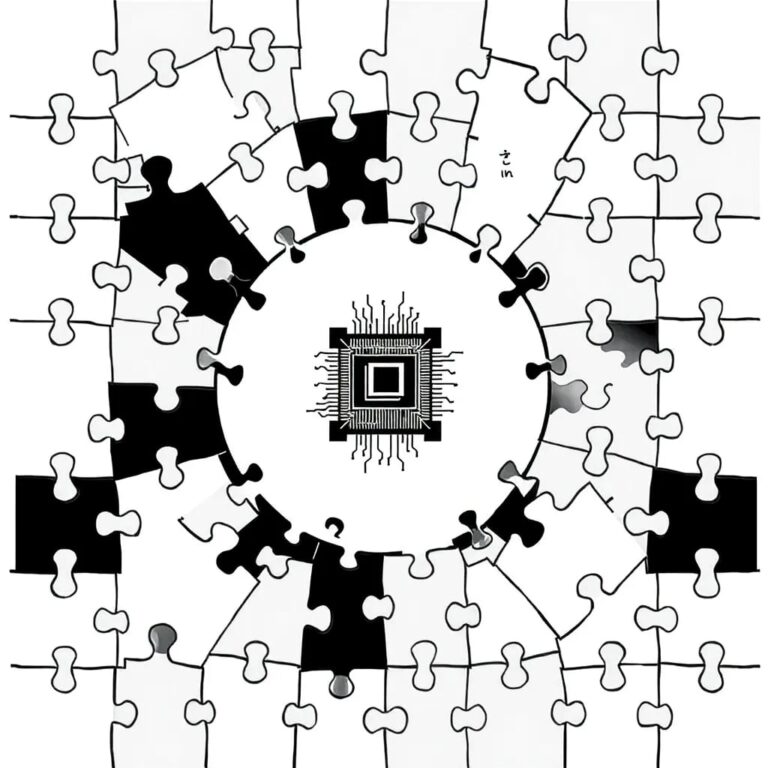 A shattered mosaic of regulatory puzzle pieces, with a single, intact AI circuit board at the center