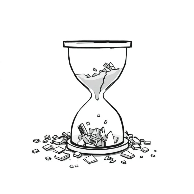 A shattered digital hourglass with AI code fragments spilling out