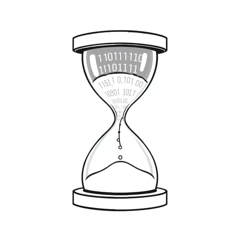 A digital hourglass with flowing binary code instead of sand