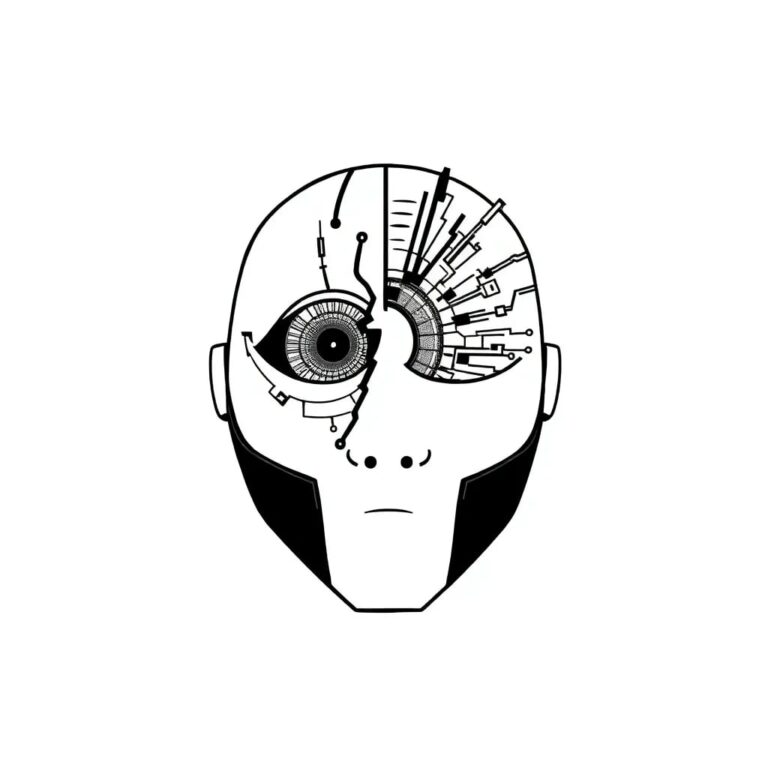 A fractured digital mask with a mechanical iris that flickers between human and machine-like patterns