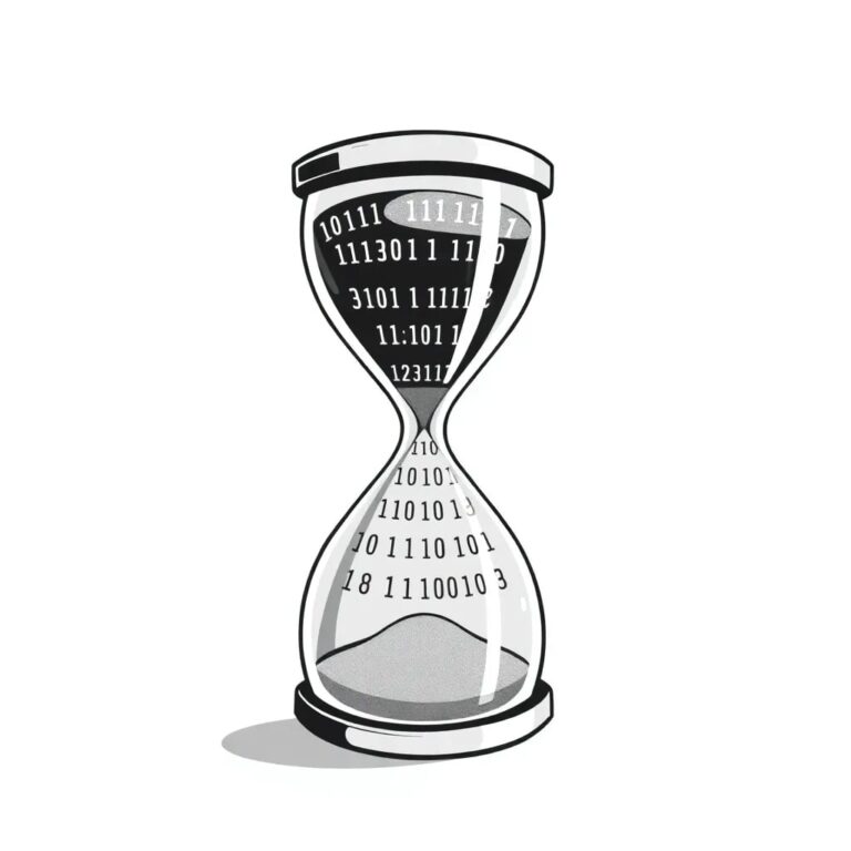 A futuristic, transparent hourglass filled with binary code instead of sand