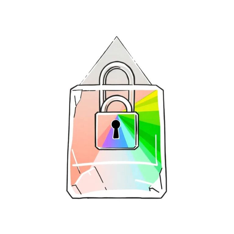 A digital lock embedded in a crystal prism that refracts light into a spectrum of colors, symbolizing the multifaceted nature of identity security in AI.