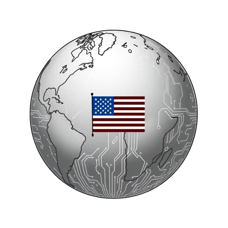 A globe with digital circuits and AI algorithms etched into its surface, with a prominent American flag pixelating and spreading across the globe's digital landscape.