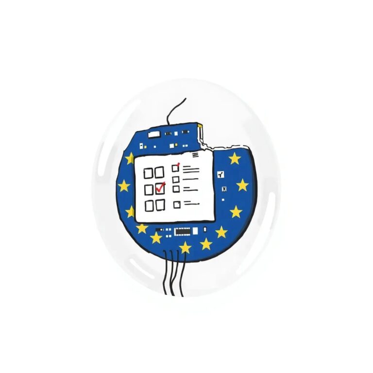 A shattered, glowing circuit board with a checklist printed on it, encased in a transparent, EU flag-colored resin