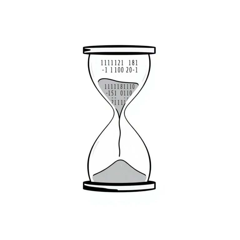 A digital hourglass with flowing binary code instead of sand