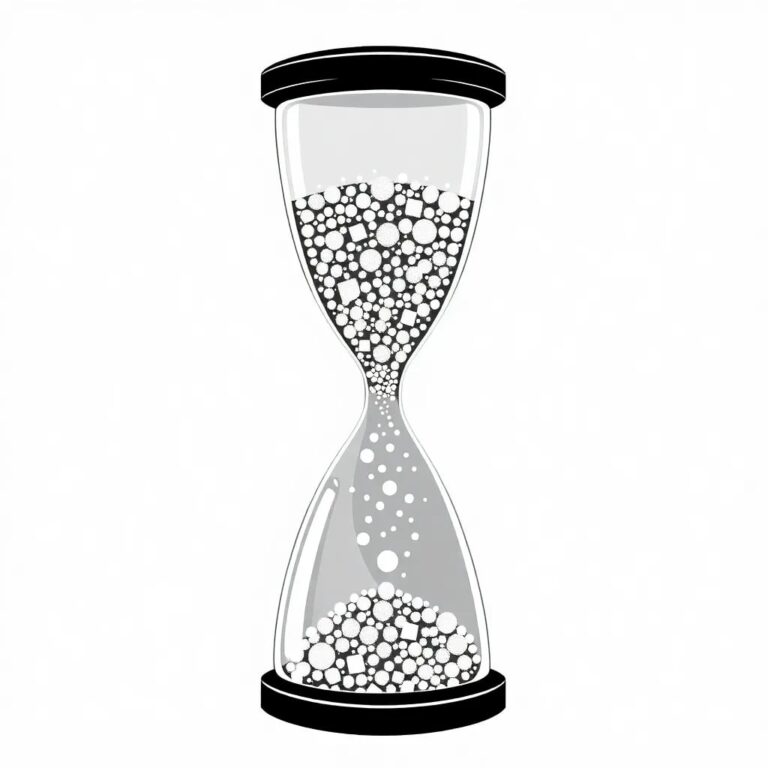 A digital hourglass filled with shimmering, iridescent pixels that slowly transition from chaotic patterns to harmonious, structured designs as they descend.