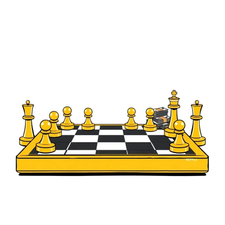 A golden, AI-controlled chessboard where the pieces are stacks of cash